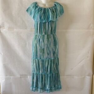 Isaac Mizrahi Always Isaac Mesh Ruffle Midi Dress L Blue Green Watercolor Tiered